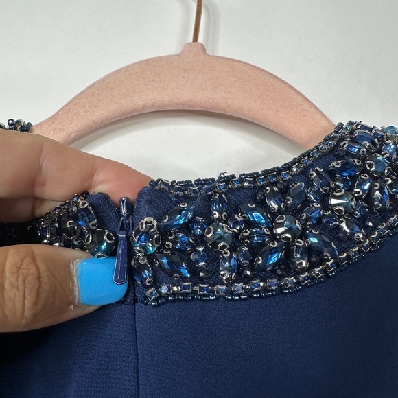 FLAW - MAC DUGGAL Dress 6 Evening Gown Navy Blue Bejeweled Pleated Chiffon #7969 - Picture 7 of 11